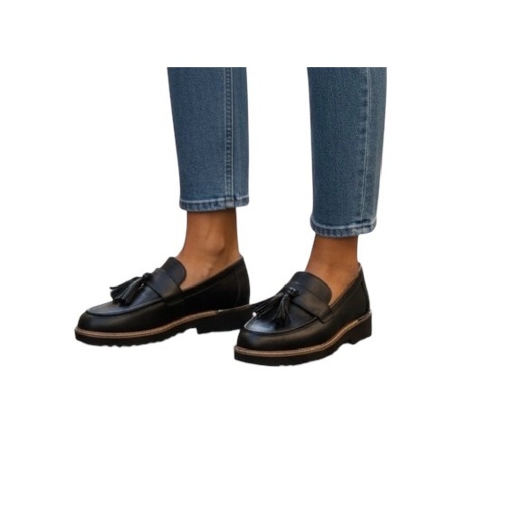 Franco Sarto Black‎ Leather Womens 9.5M Tassel Loafer Shoes Chunky Sole